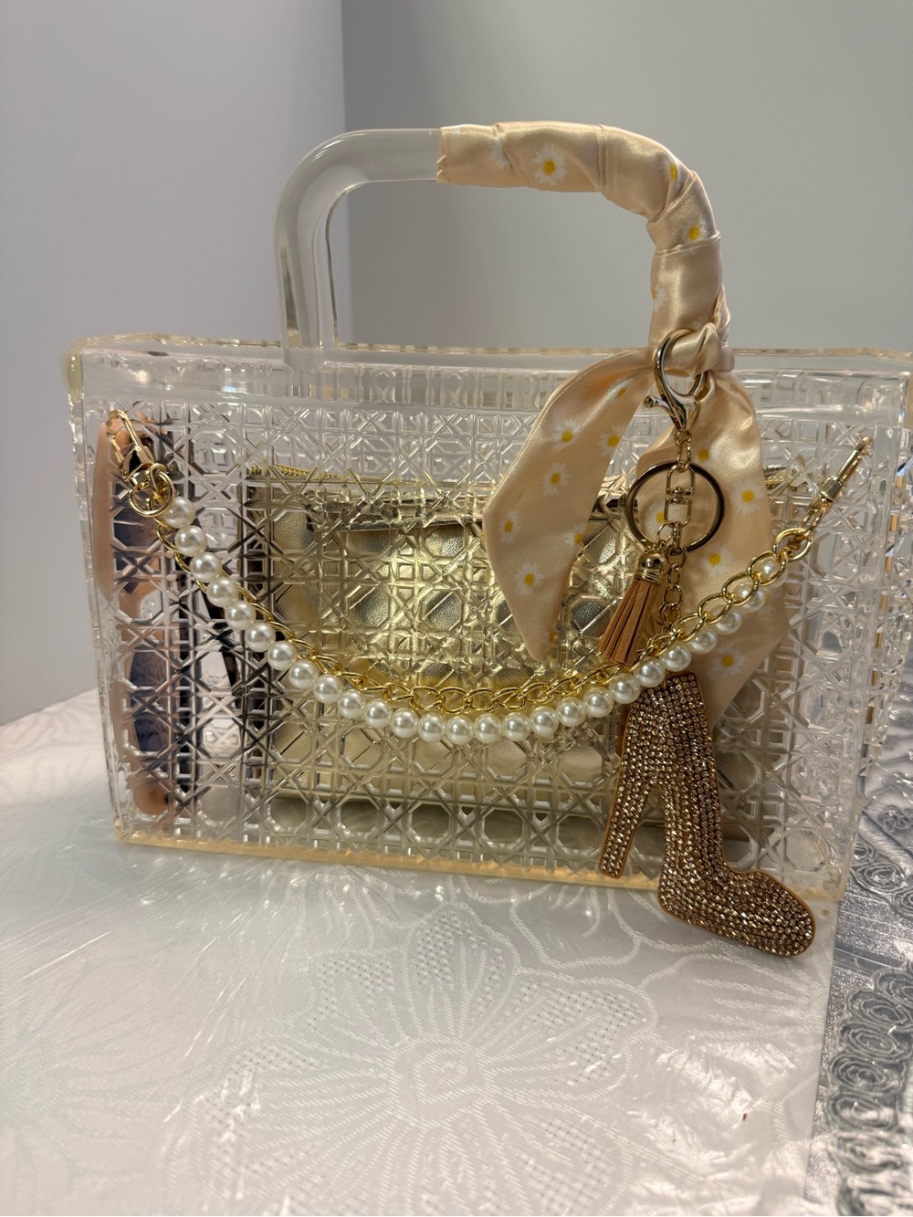 Gold Mini Jelly tote with gold wristlet and Jessica Simpson sunglasses - Picture 11 of 12